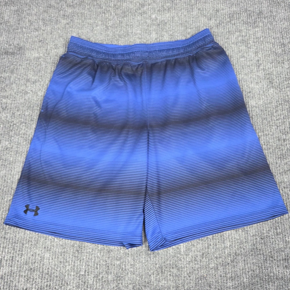 Under Armour Mens XL Blue Black Striped Athletic Gym Basketball Shorts Loose Fit